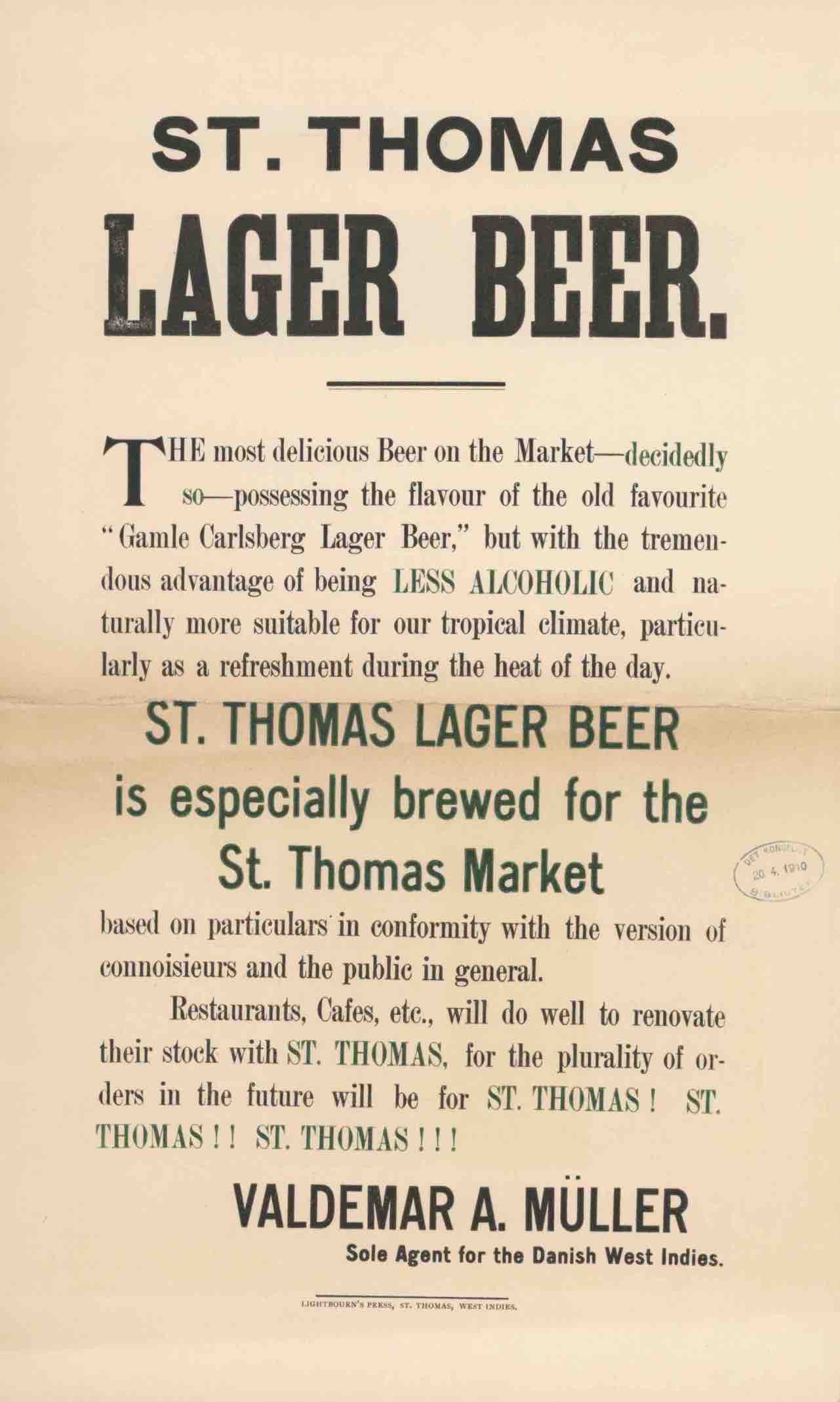 St. Thomas Lager Beer, Danish West Indies, US Virgin Islands 1910