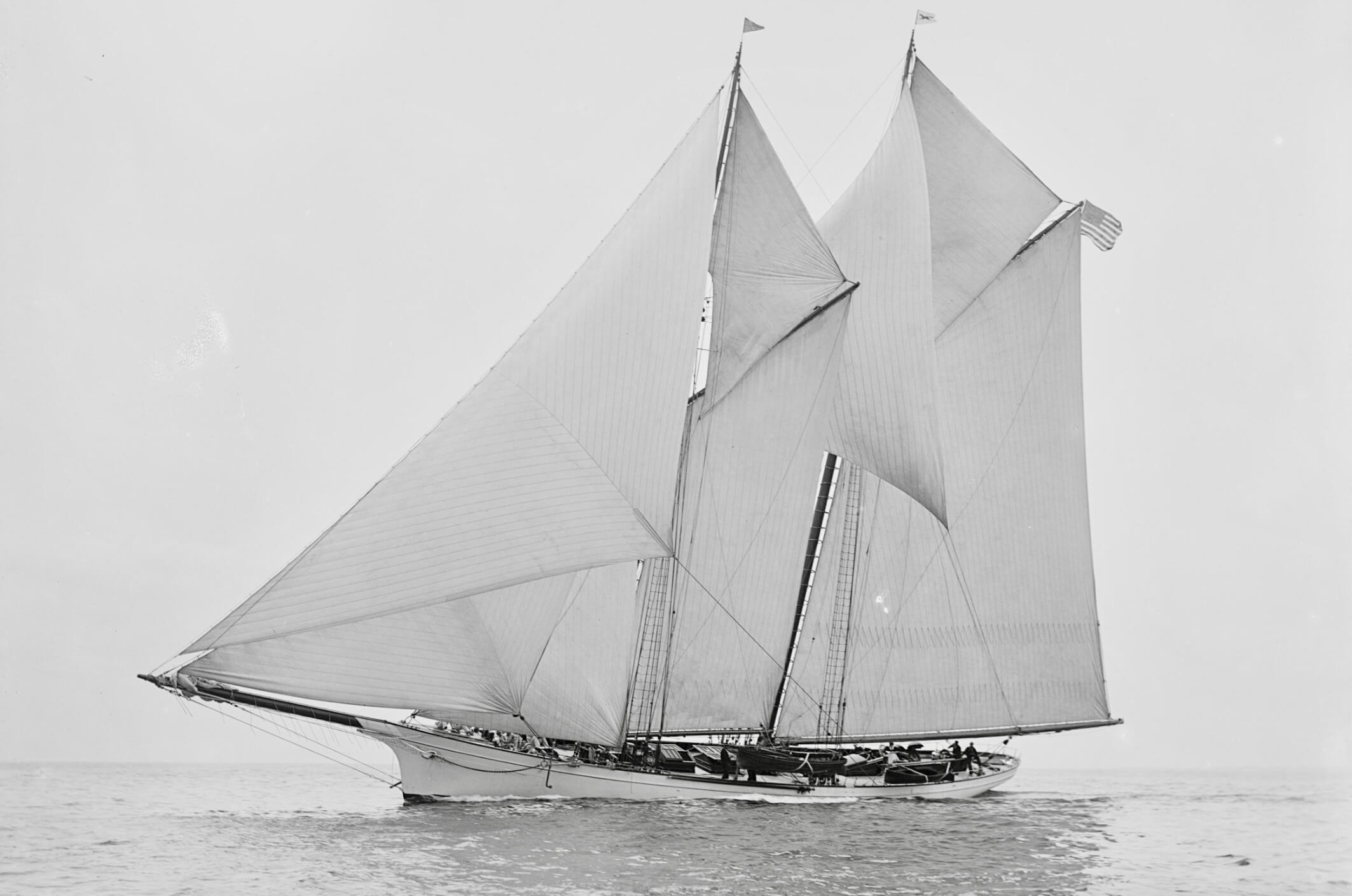 Beautiful schooner, Gitana anchors in harbor of St. Thomas, Danish West Indies now known as the US Virgin Islands or American Virgin Islands