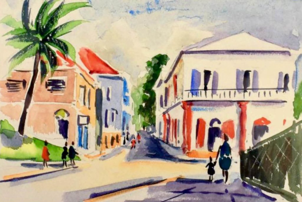 Pretty watercolor painting of the Grand Hotel in St. Thomas, US Virgin Islands by M NIeld